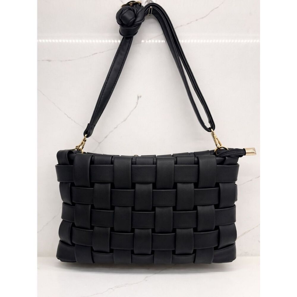 Anthro Woven Black Shoulder Bag Gold Hardware Knot Strap Chic